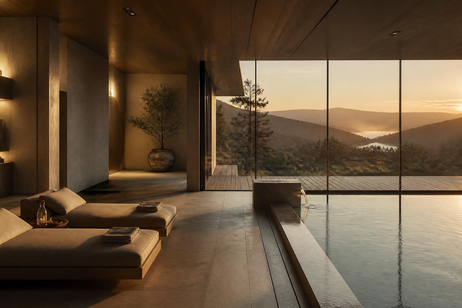 Private wellness sanctuary at dawn overlooking mountains
