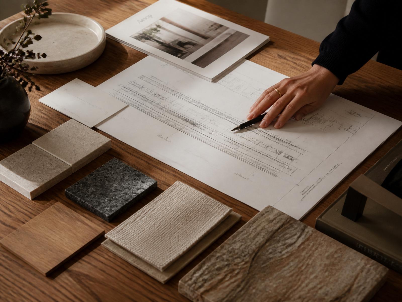 Design studio with material samples and architectural blueprints