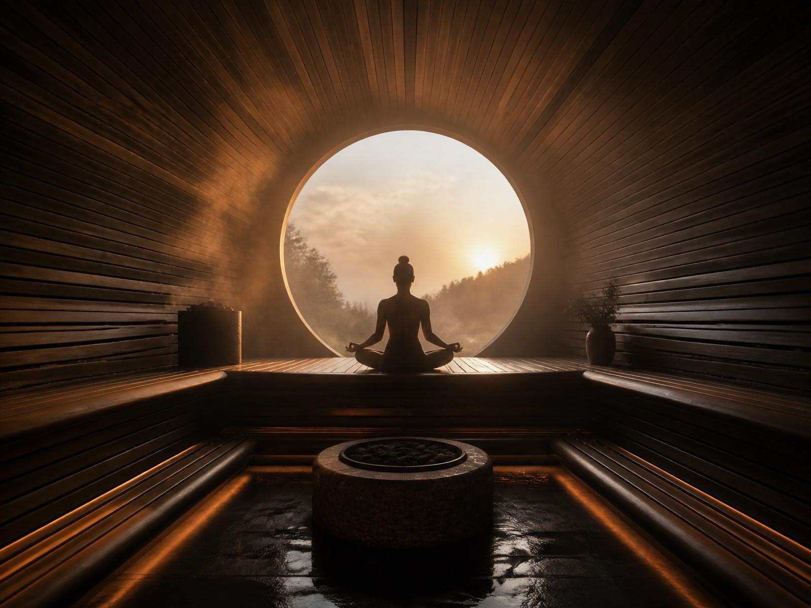 Cedar sauna interior at sunrise