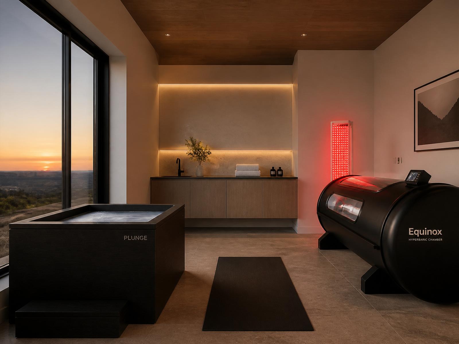 Private wellness room with cold plunge, red light, and hyperbaric chamber