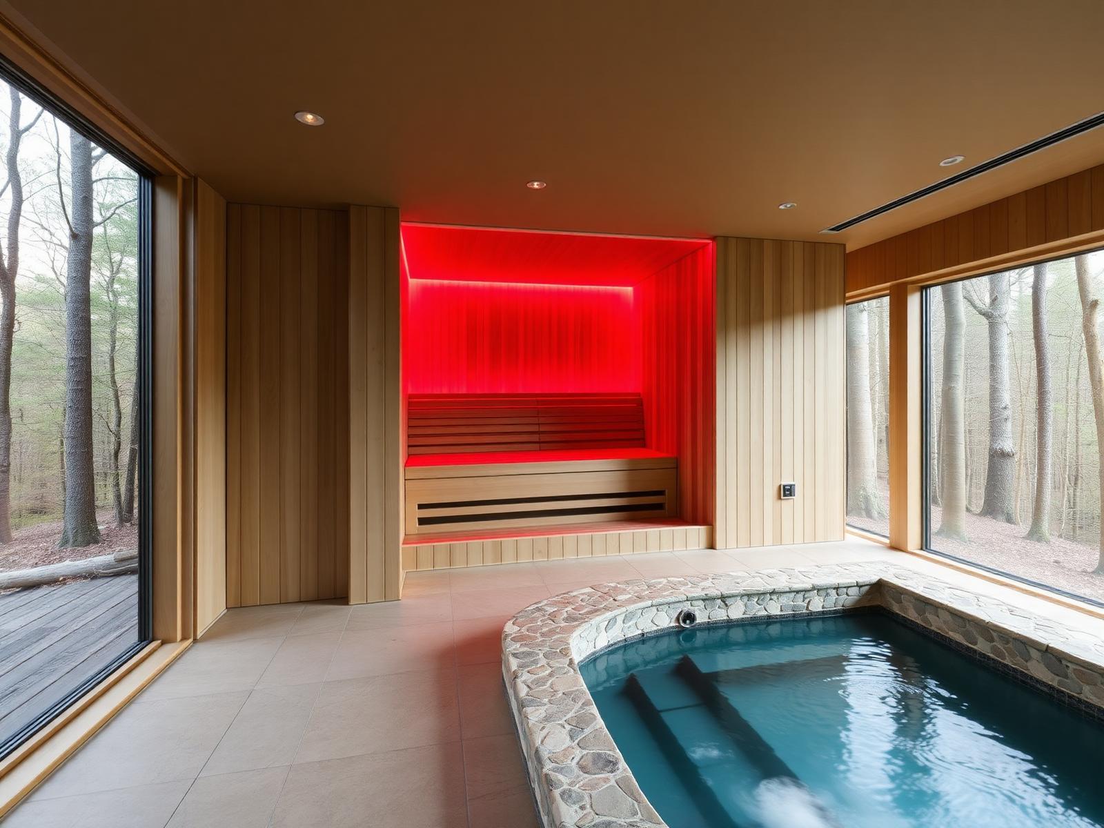 Luxury architectural wellness room with cedar sauna and cold plunge