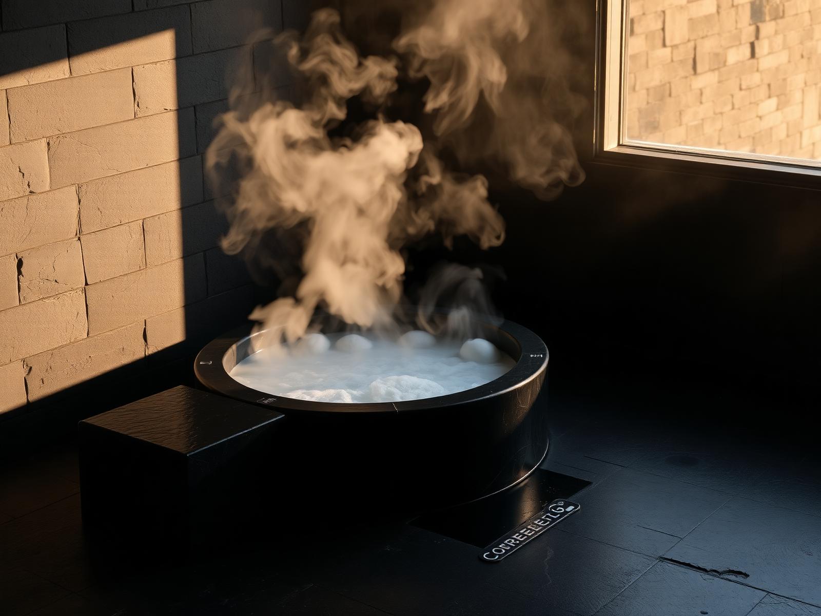Steam rising from a black plunge basin at dawn