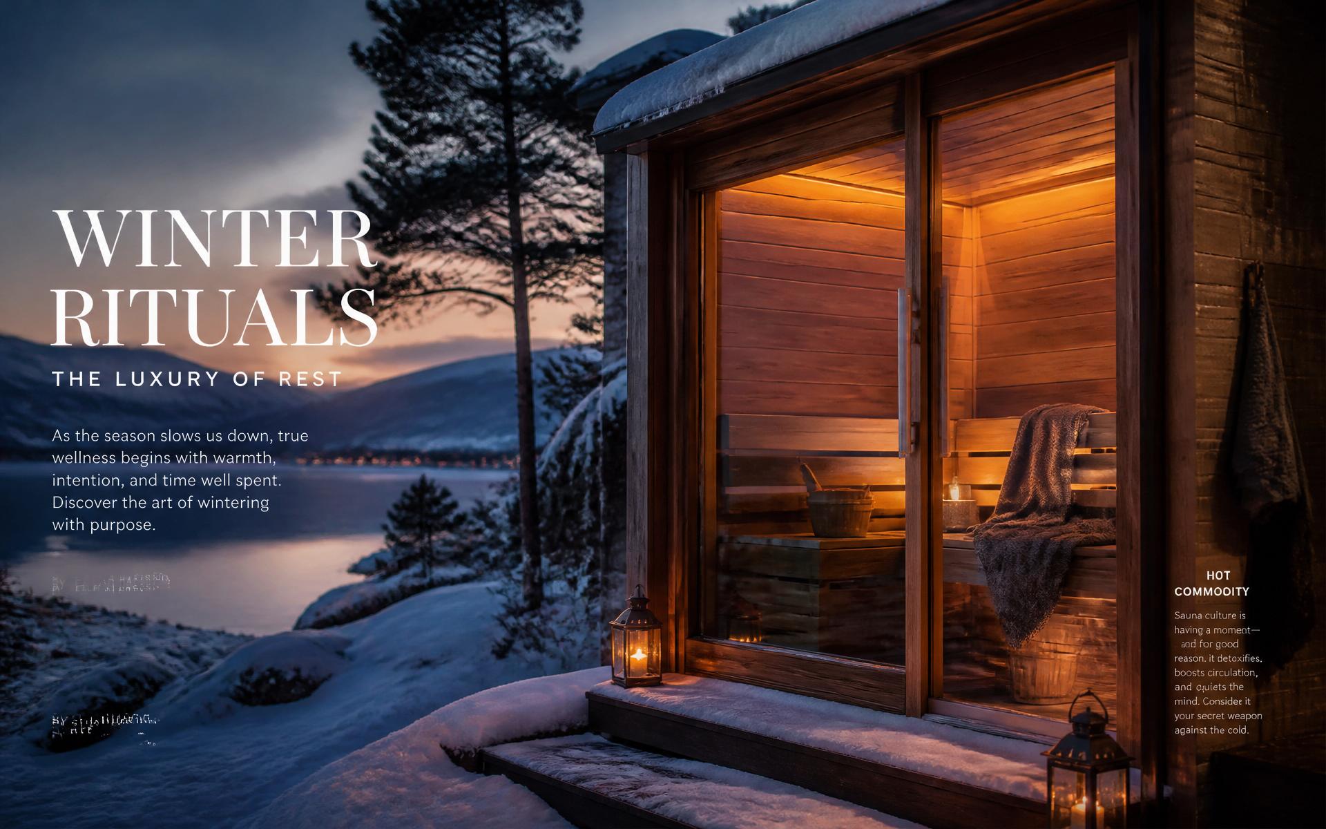 Winter wellness ritual at a lakeside cedar sauna