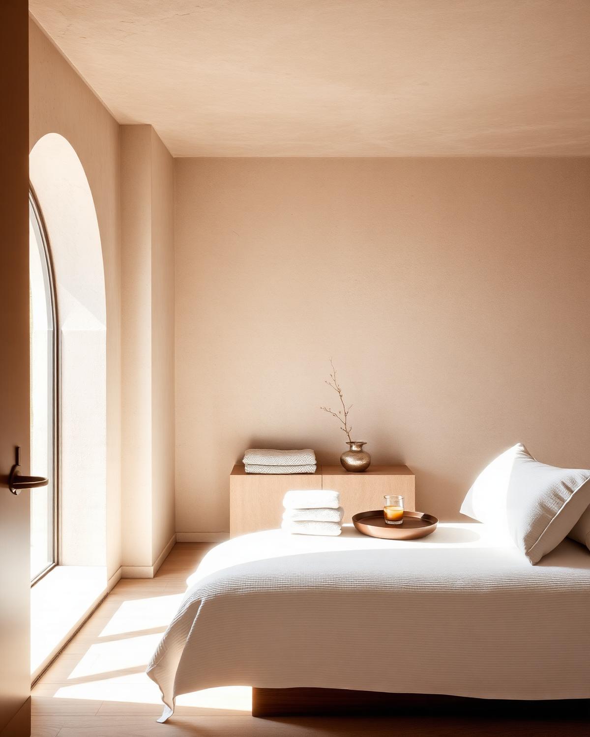 Serene wellness suite with limewash walls