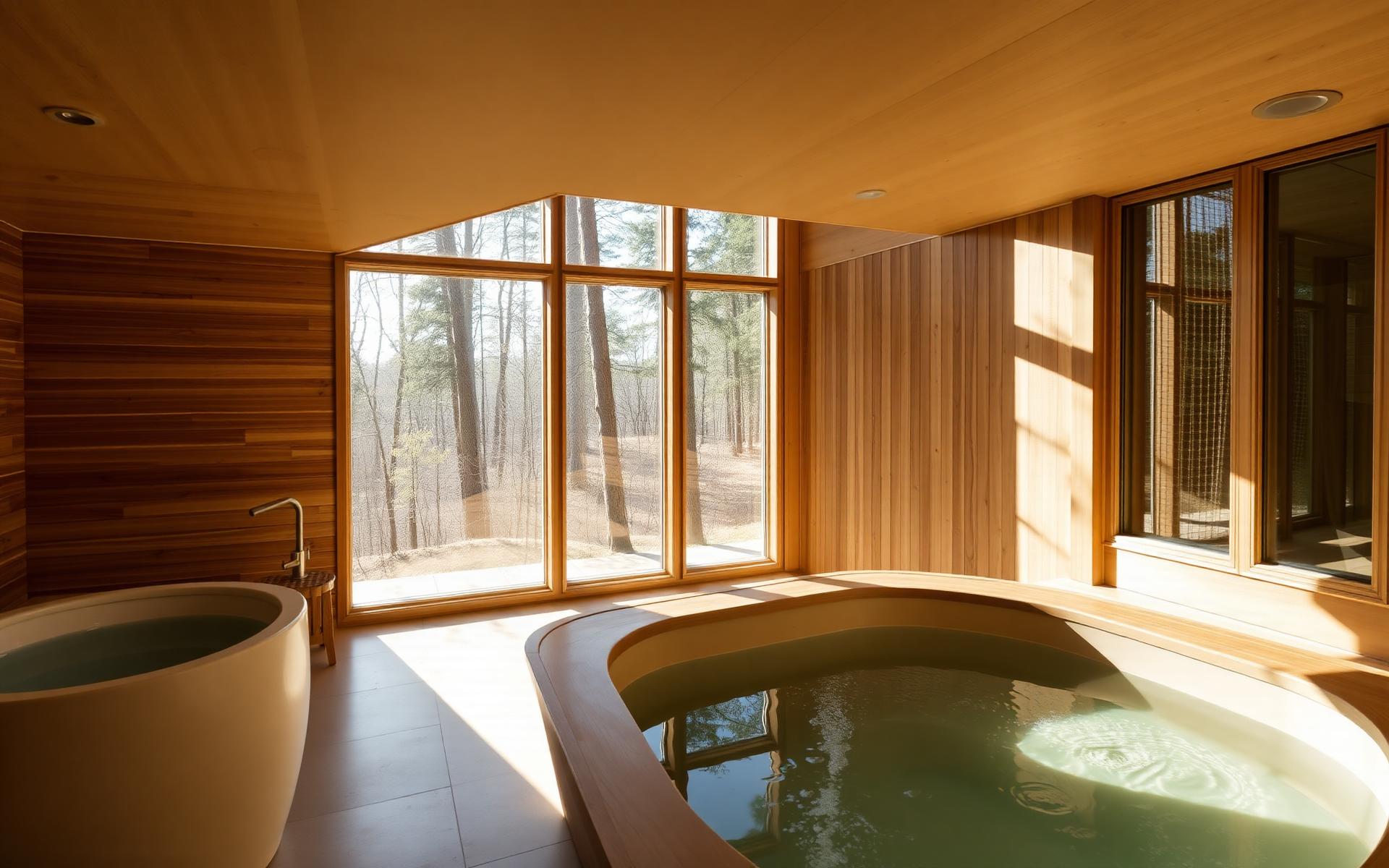 Luxury wellness room with cedar sauna, plunge, and forest view